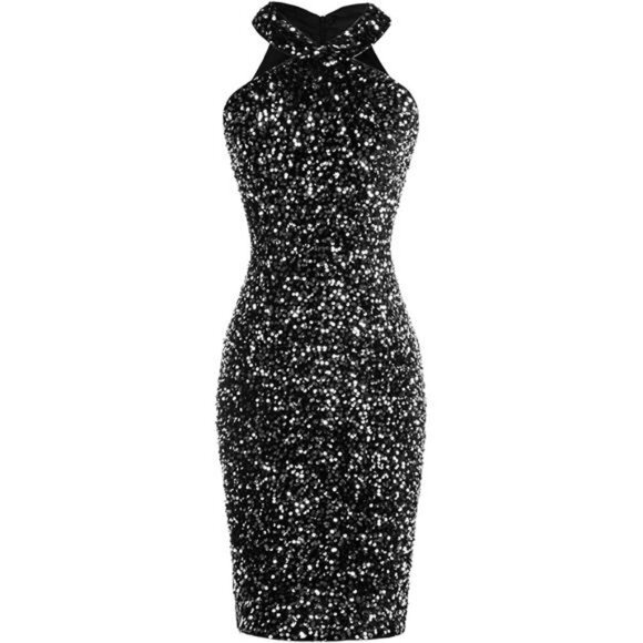 Womens Sequin Dress Sleeveless Sparkly Glitter Halter Black - Picture 1 of 4